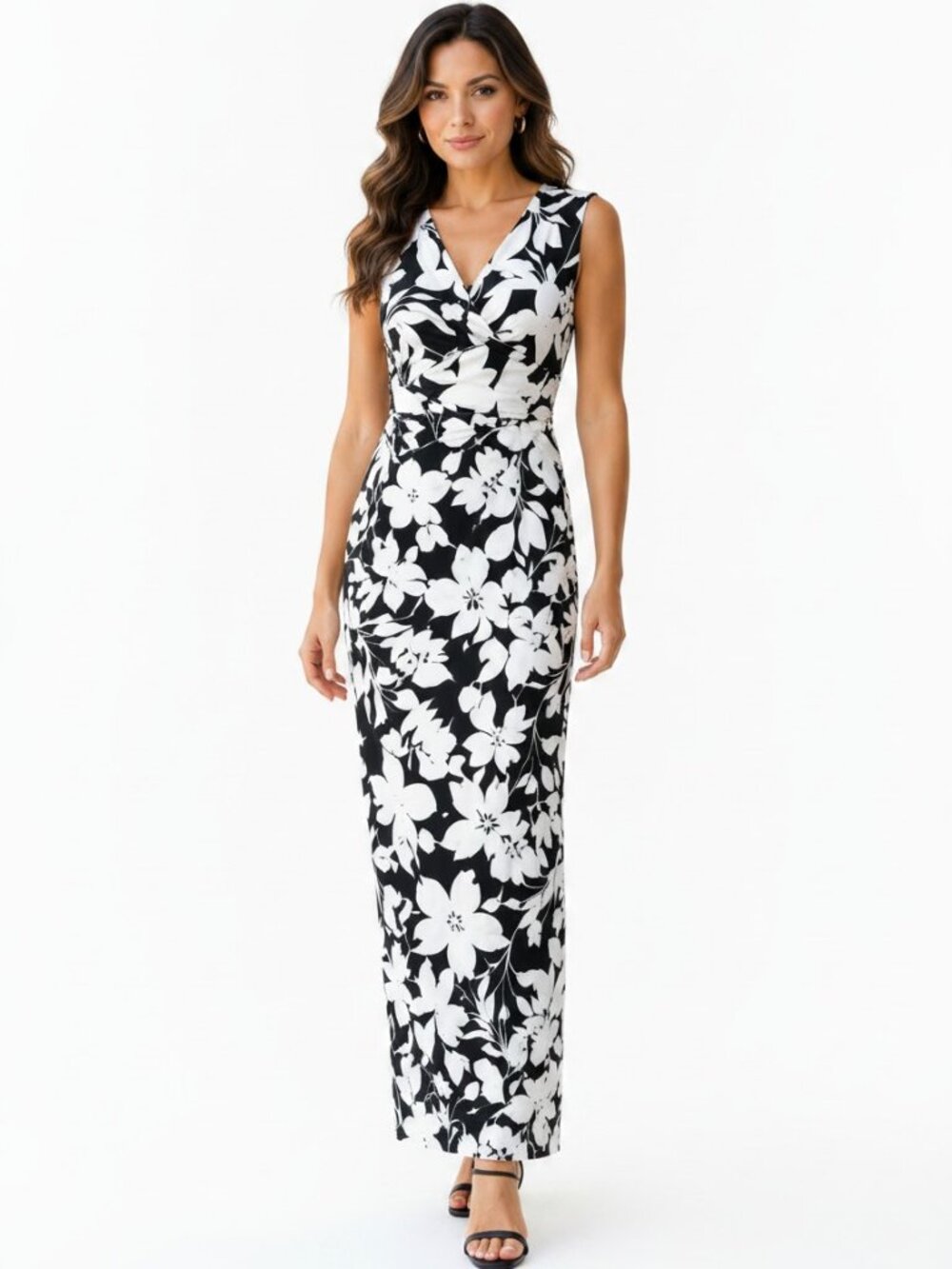 CHAPS Black White Floral Maxi Dress Size 10 Stretch Formal Wedding Guest